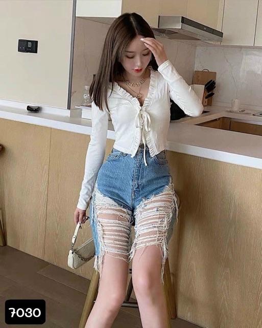 Quần jean ngố, quần bò ngố, quần jeans lửng ngói rách tua rua -8sT