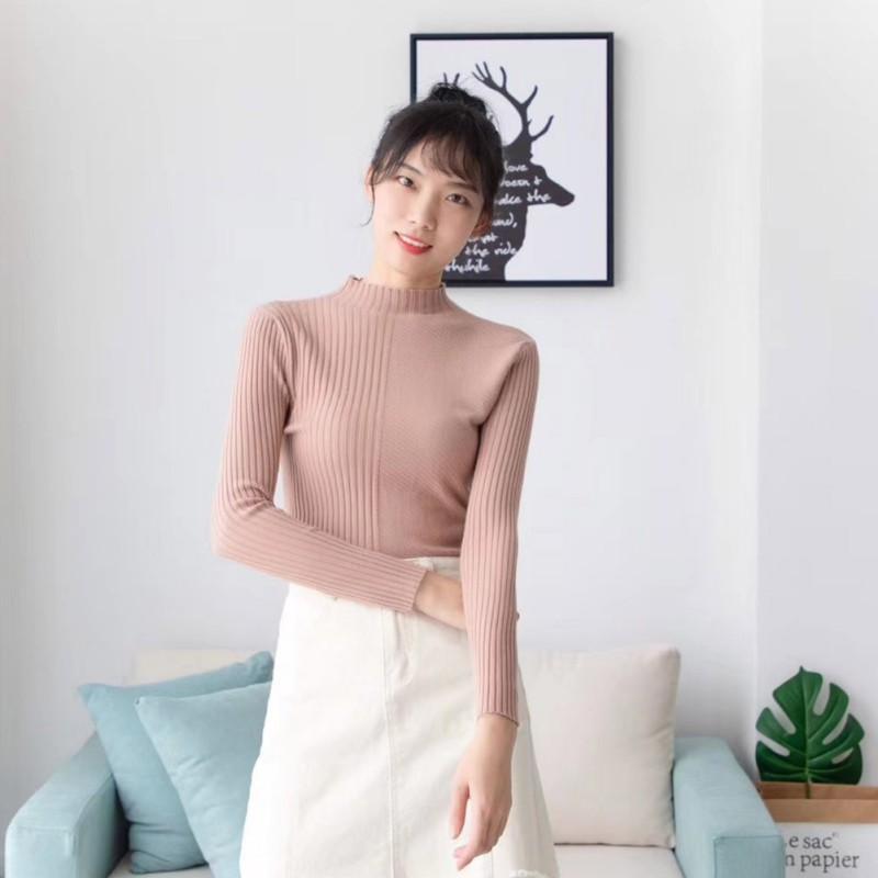 Áo sweater dệt kim dài tay cổ tròn màu trơn cho nữ
