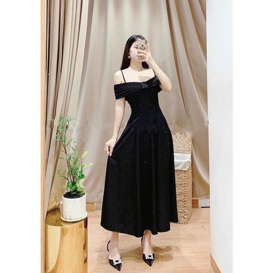 Đầm xòe trễ vai phối voan bi