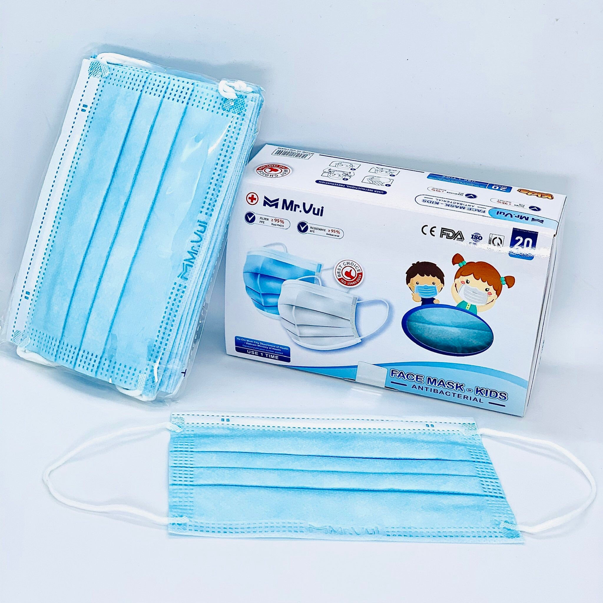 KHẨU TRANG Y TẾ 4 LỚP CHO TRẺ EM Mr.VUI - VẢI KHÔNG DỆT KHÁNG KHUẨN – HỘP 20 CÁI – XANH