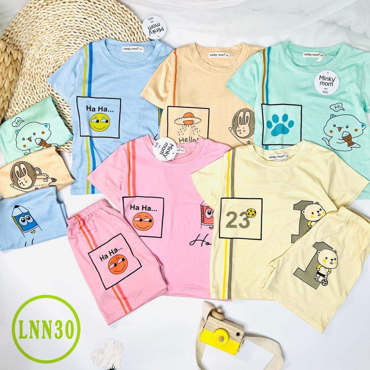 Bộ Cộc Tay THUN LẠNH MINKY MOM In Hình Toàn Thân Dễ Thương Cho Bé 20kg - 28kg