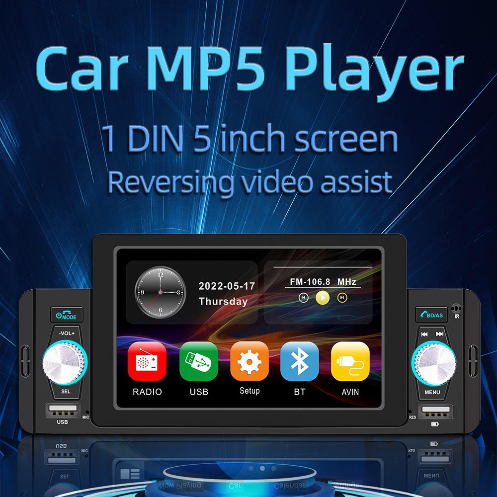 5 Inch Car Stereo MP5 Player BT FM Radio Receiver Support Hands-Free Calling USB Charge/Playback Phone Link Reversing Assist Steering Wheel Control