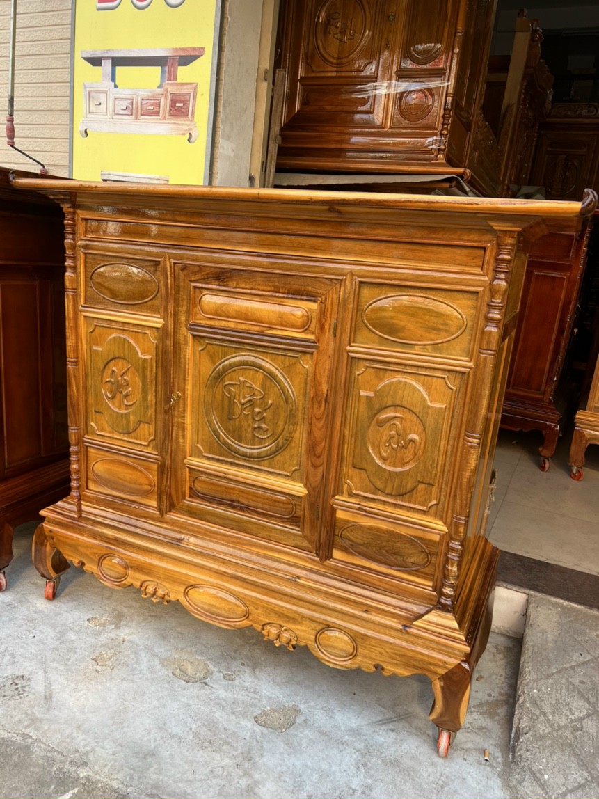 Tủ thờ gia tiên gỗ tràm bông vàng ngang nhiều kích thước