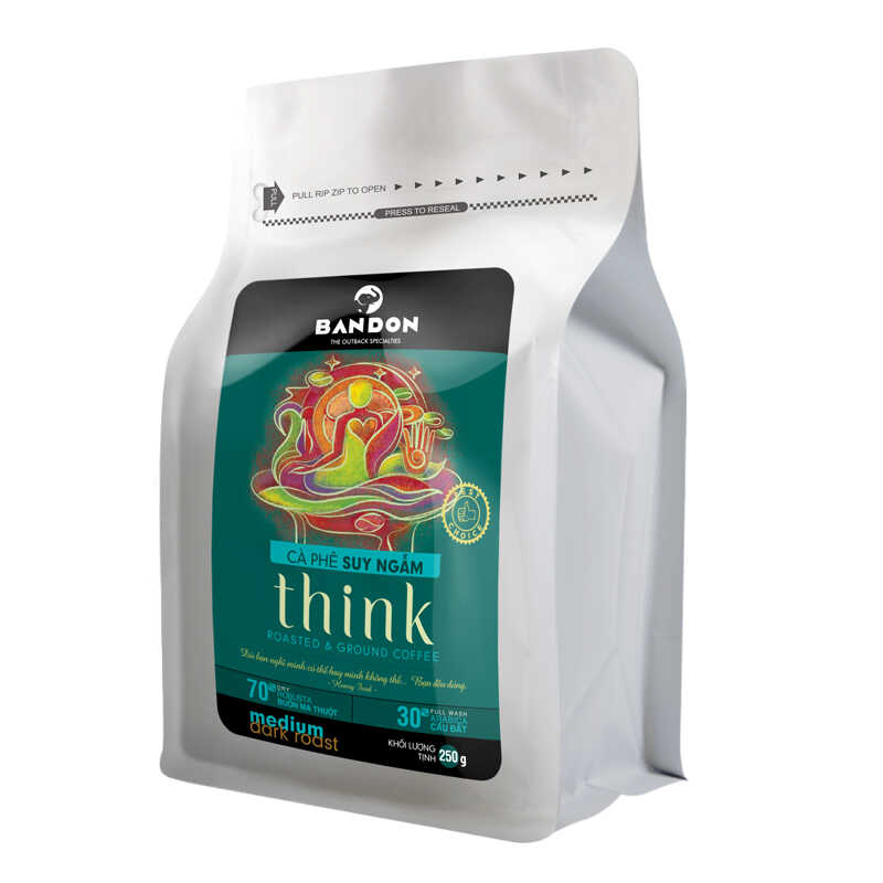 Cà phê phin nguyên chất rang xay mộc sạch BANDON THINK 250g đắng dịu, thơm ngát. Cà phê đặc sản (30% Arbica Cầu Đất Full wash, 70% Robusta Buôn Ma Thuột Dry)