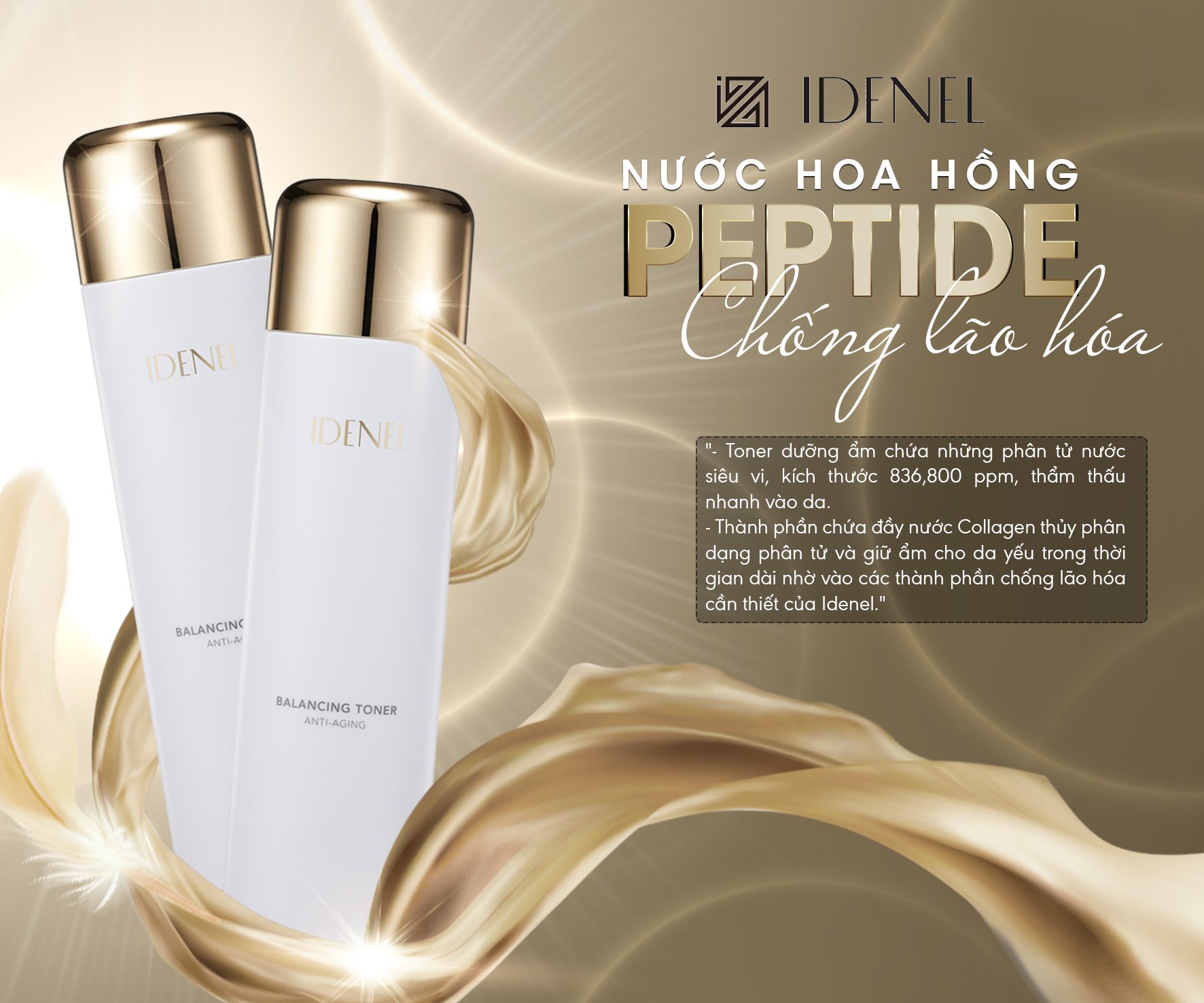 Nước hoa hồng IDENEL Peptide BALANCING TONER 130ml chống lão hóa - Dành cho da nhạy cảm - da sau vi kim - laser - peel