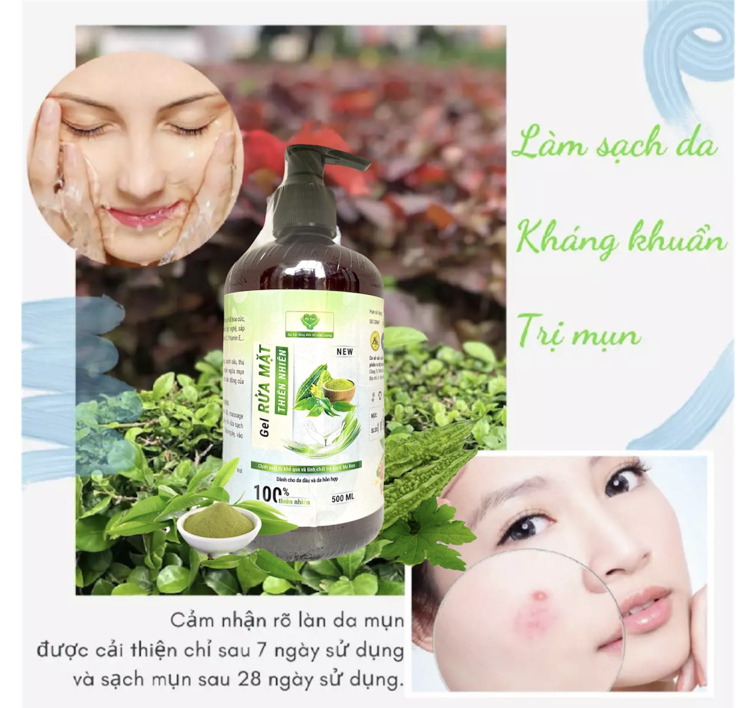 GEL RỬA MẶT CHIẾT XUẤT KHỔ QUÀ VÀ TRÀ XANH MẸ KEN 500ml- Dành cho da hỗn hợp, da nhờn, SỮA RỬA MẶT - tặng kèm 1 khăn mặt