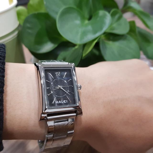 Đồng hồ cặp đôi nam nữ Halei mặt đen dây kim loại chính hãng Tony Watch 68