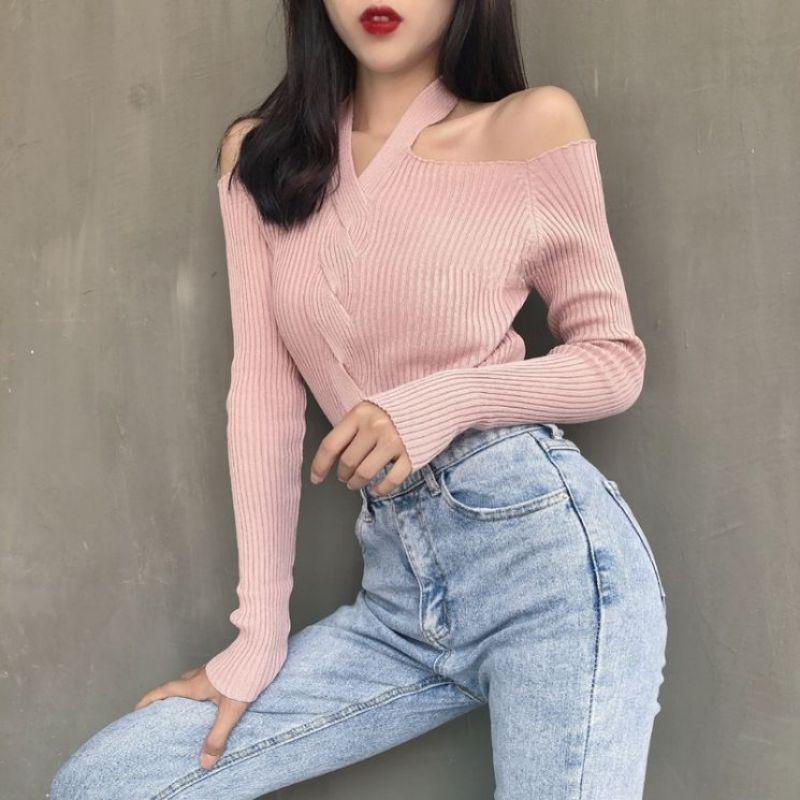 Áo Sweater dệt kim tay dài màu trơn phong cách retro