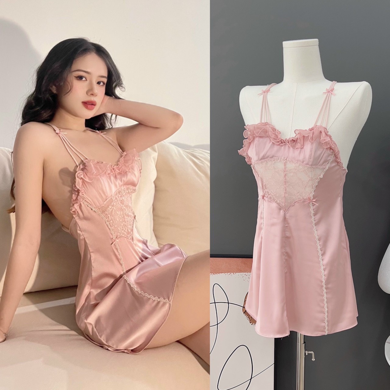 Váy Ngủ Hai Dây Phối Ren Quyến Rũ - B.Lingerie