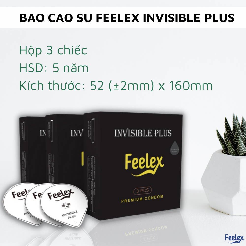 Bao cao su Feelex Invisible Plus siêu mỏng, nhiều gel bôi trơn - Hộp 03 bcs