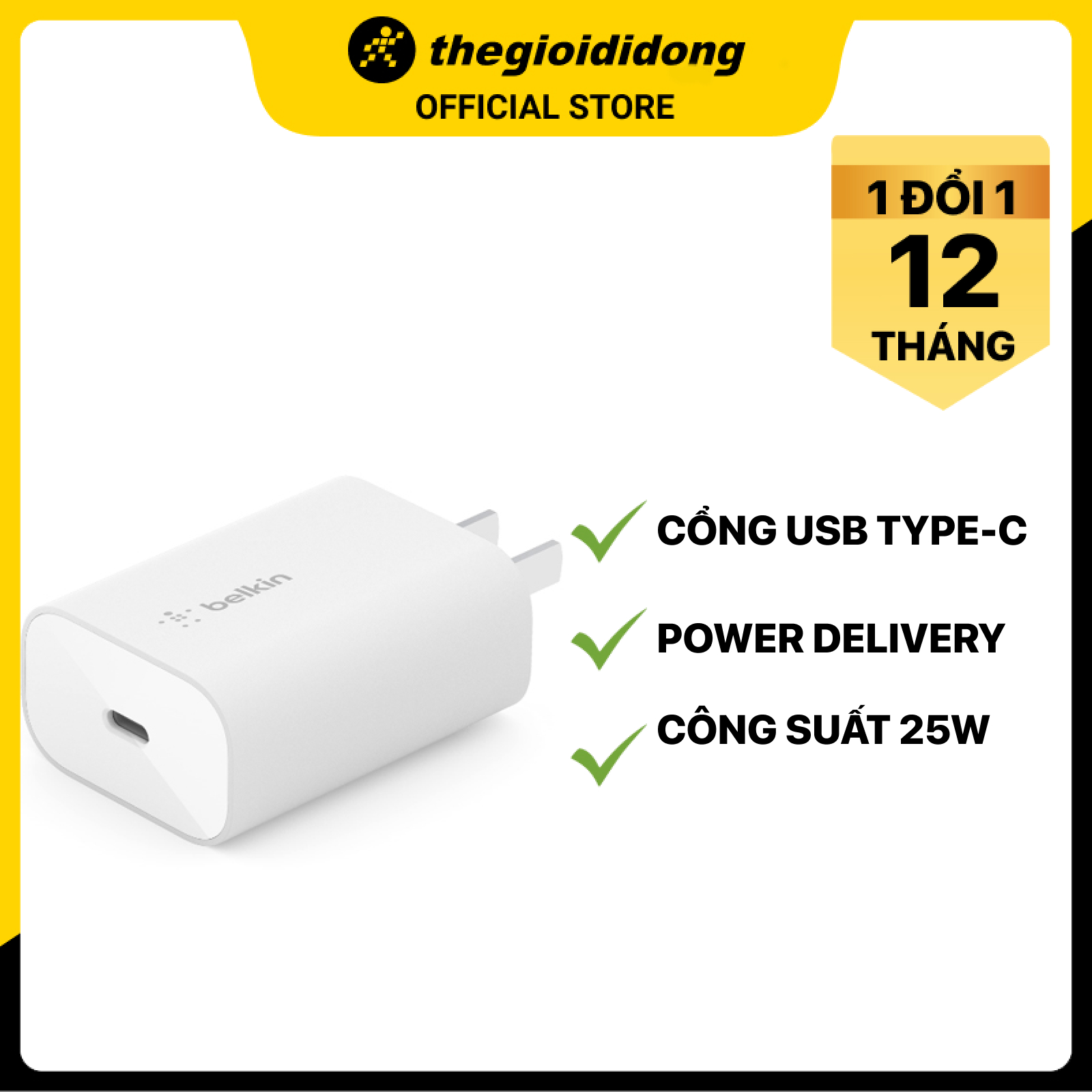 Adapter Sạc Type C PD 25W Belkin WCA004 - Hàng chính hãng