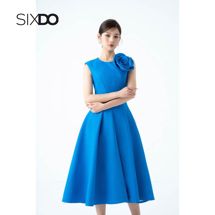 Đầm midi xòe hoa vai sang trọng thời trang SIXDO