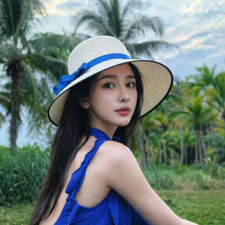 Mũ cói nữ phối nơ xanh viền đen xinh đẹp nón vành rộng đi biển chống nắng UV thoáng mát thời trang Hàn Quốc dona250402