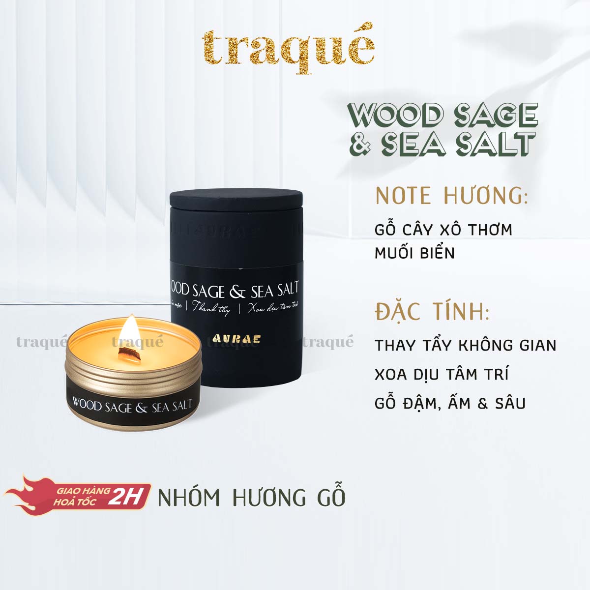 Nến thơm tinh dầu Aurae - dòng Signature -SX tại VN - WOOD SAGE & SEA SALT