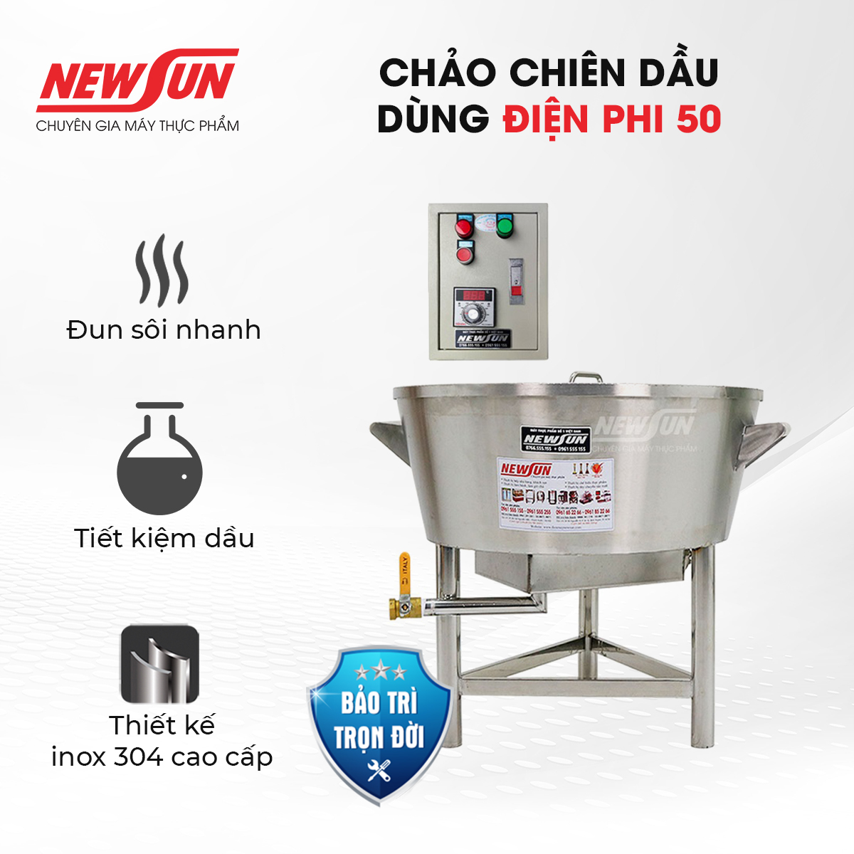 Chảo chiên dầu dùng điện phi 50 NEWSUN công suất 8000W - Hàng chính hãng