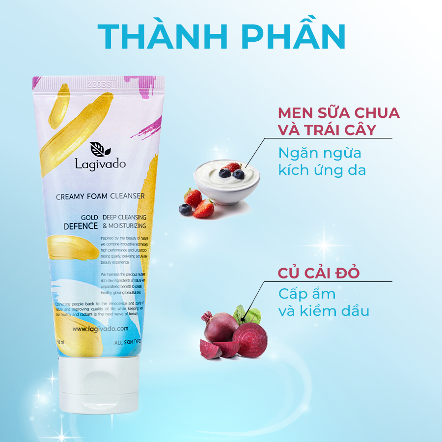 Sữa rửa mặt tạo bọt trắng da Hàn Quốc Lagivado chiết xuất vàng cám Gold Defence, không làm khô Creamy Foam Cleanser 50ml