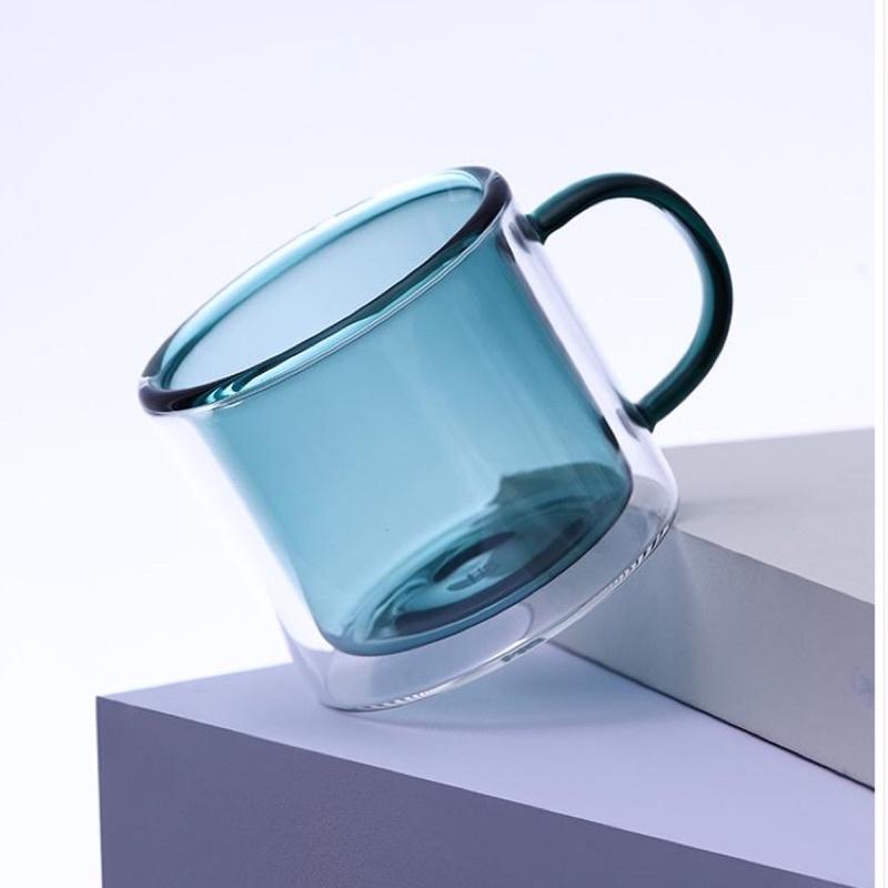 Cốc thủy tinh 2 lớp sắc màu, cốc thủy tinh có quai 300ml chịu nhiệt cao cấp