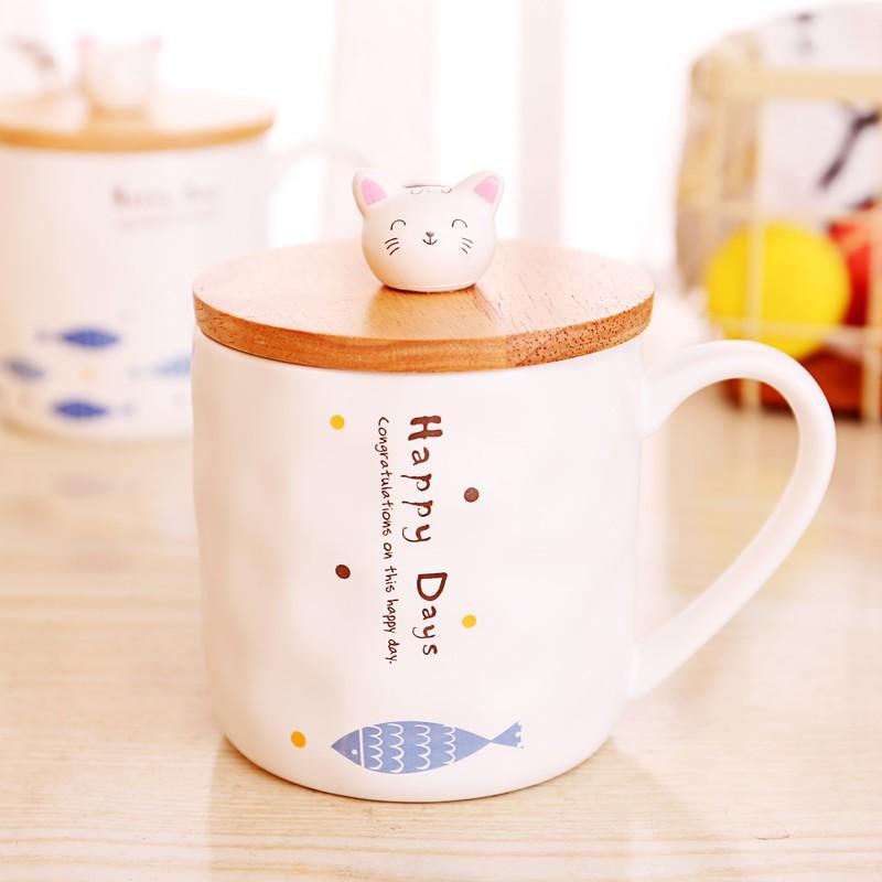 Cốc sứ có kèm thìa và nắp mèo gỗ xinh xắn 400ml - LOẠI 1