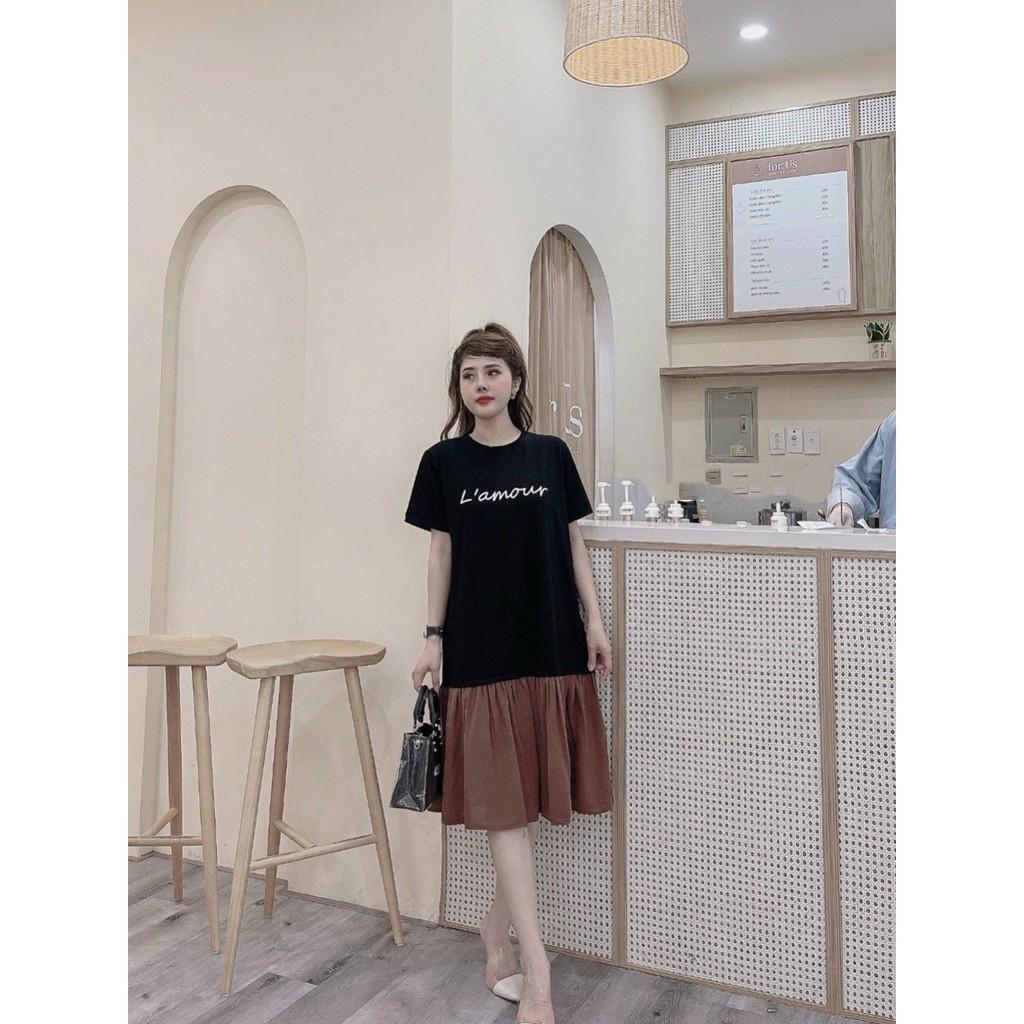 Váy suông thun cotton chân xếp kiểu phối màu, đầm xuông rộng freesize in chữ màu đen, nâu, be mã V238 - michi's House