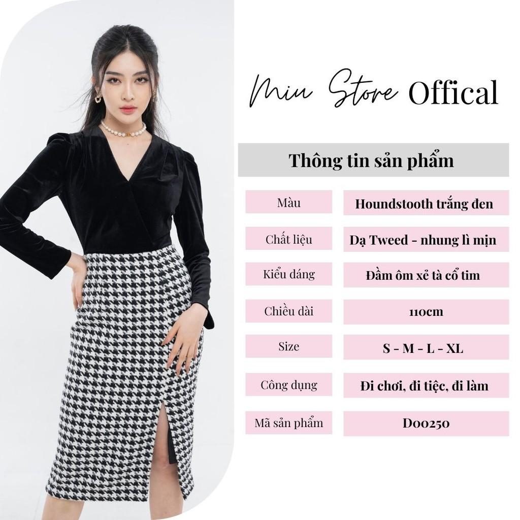 Đầm nữ thiết kế váy công sở nhung liền phối dạ len houndstooth MIUSTORE D00250