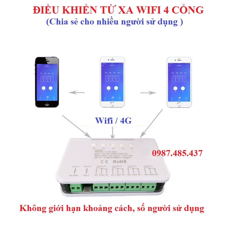 Công tắc thông minh điều khiển qua wifi 4 kênh dùng app Ewelink smart, Công tắc điều khiển từ xa qua điện thoại dùng Wifi - 4G- Remote