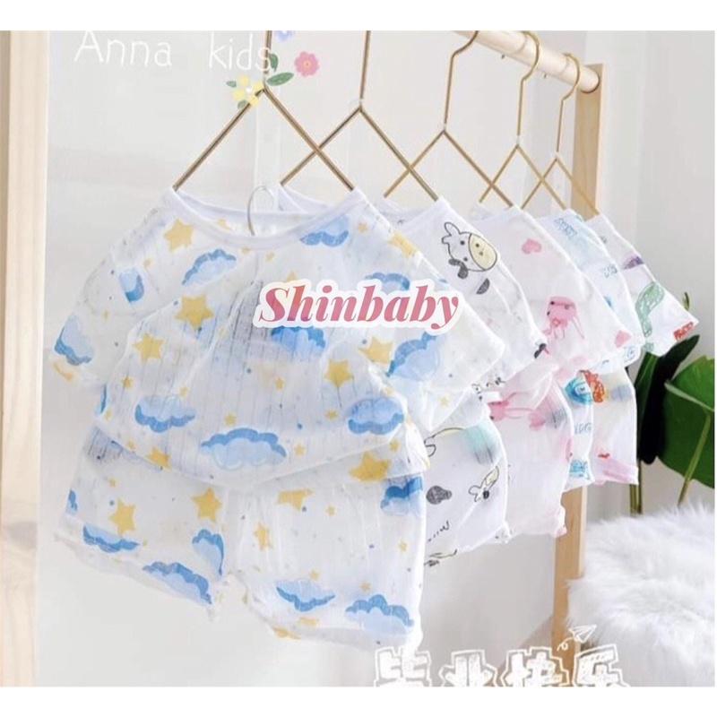 Set 5 bộ cotton giấy cộc tay cài vai mỏng mát cho bé nhiều họa tiết dễ thương