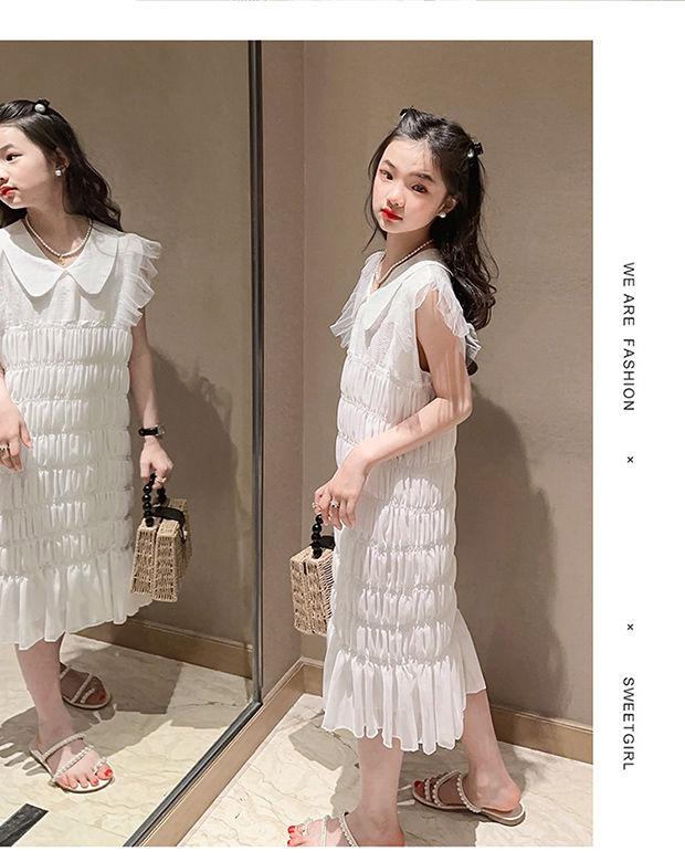 CHENGRUI Cô gái mùa hè chiffon rắn màu đầm 2023 trung bình trẻ em phong cách phương Tây thời trang mùa hè váy công chúa thời trang trẻ em