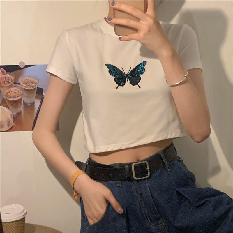 Áo croptop thun nữ thêu bướm xanh thời trang XIXO ATN0021