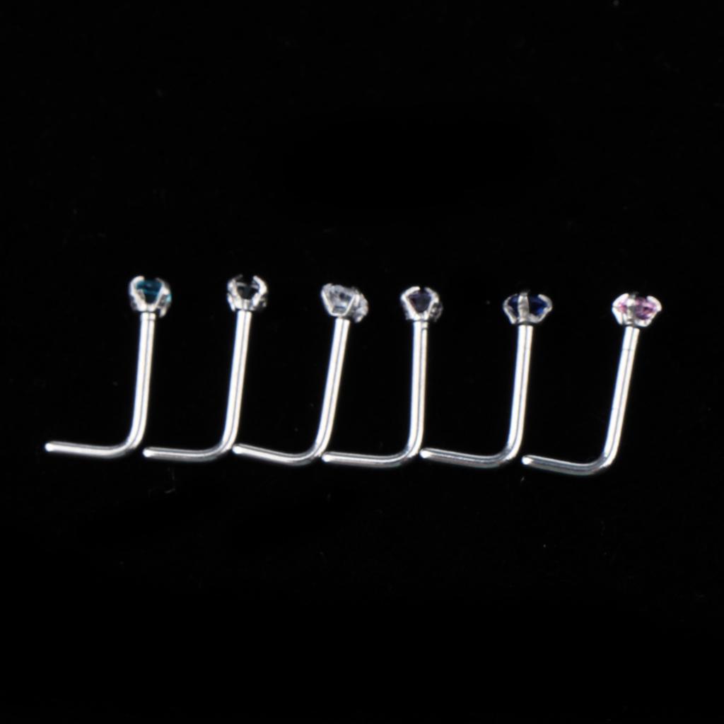 2-7pack 6 Pieces Stainless Steel L Shaped Nose Stud Rings Bar Body Piercing 20g