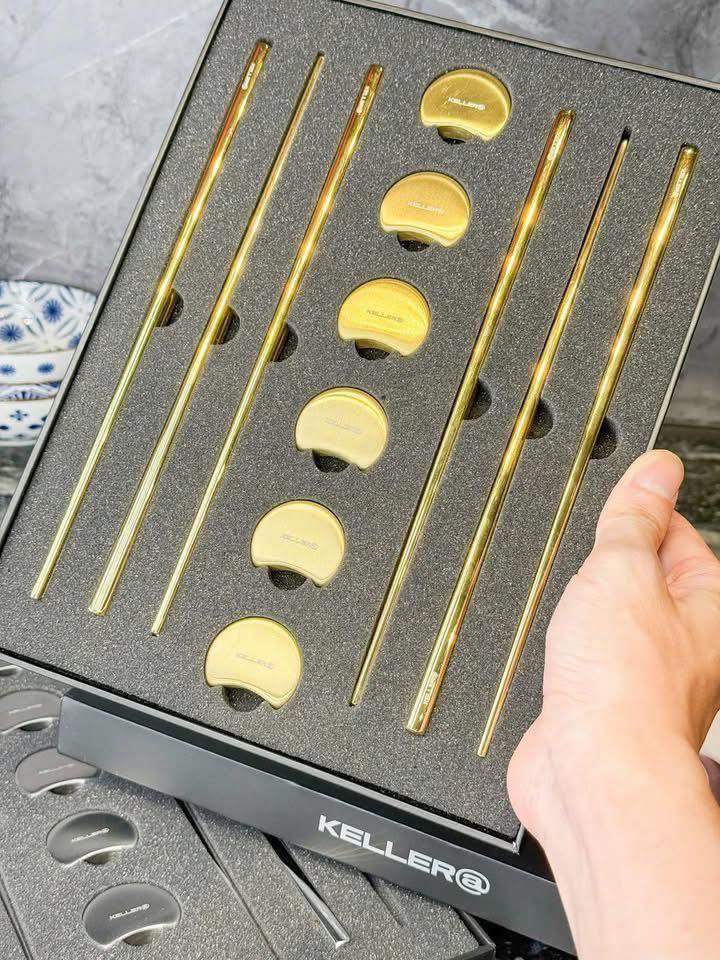 Set 6 đôi đũa inox 304 kèm 6 gác đũa hình vầng trăng Keller@Germany (màu vàng &amp; bạc) hàng chính hãng