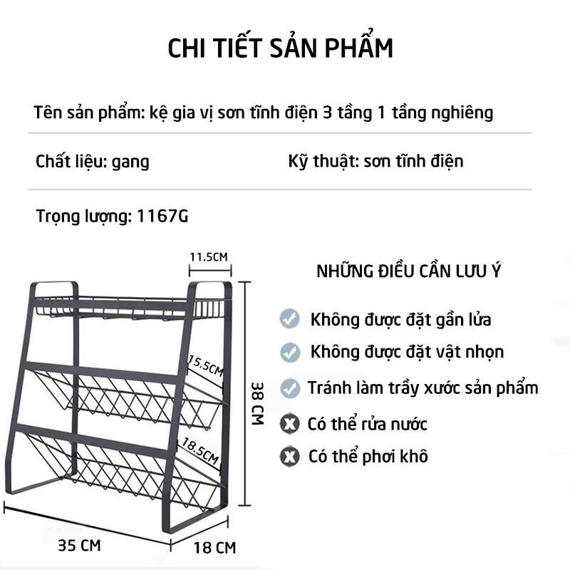 Kệ gia vị sơn tĩnh điện, giá đỡ đựng hủ muối đường, chai dầu giấm, lọ nước tương, nước mắm có 2 tầng nghiêng cho bếp gia đình, nhà hàng, khách sạn, quán ăn_HK114-KGV3