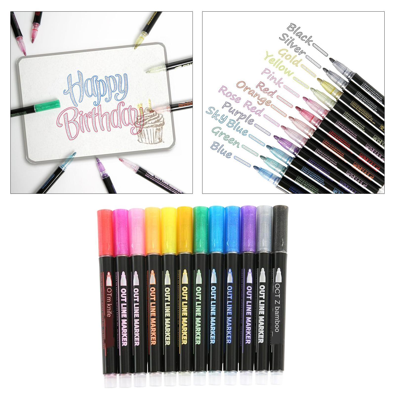 Double Line Outline Pen Metallic Markers 12 Colors Glitter Artist Pens DIY Craft