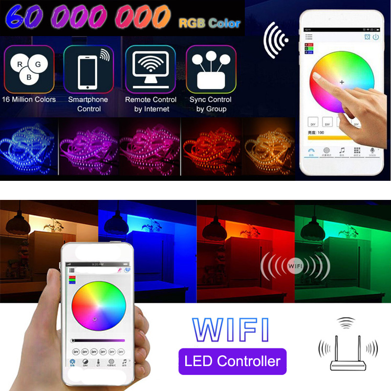 Dây led dán 5050 điều khiển bằng điện thoại qua WIFI 5 mét nhiều màu kèm điều khiển 24 phím + nguồn