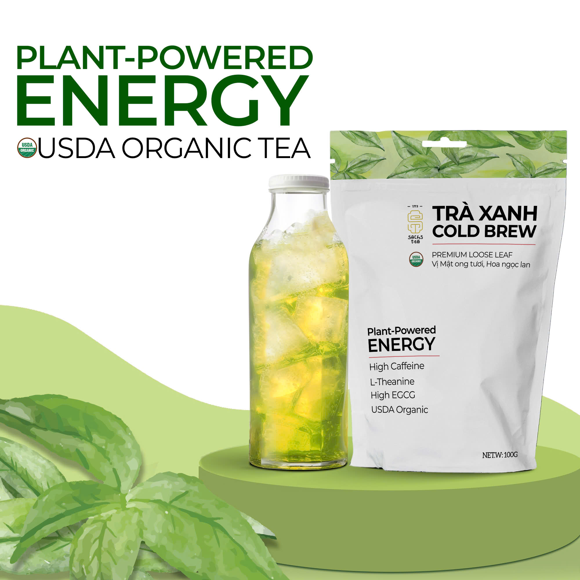 Trà Xanh Cold Brew Hữu Cơ - Chứng Nhận USDA Organic, Vị Mật Ong, Giàu EGCG Không Chát Túi Zip 100g