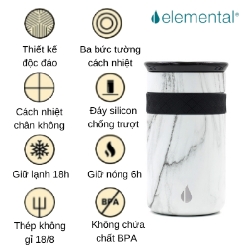 Ly giữ nhiệt Artisan Elemental 360ml màu vân đá, giữ nhiệt vượt trội, inox 304, FDA Hoa Kì, nắp sứ sang trọng