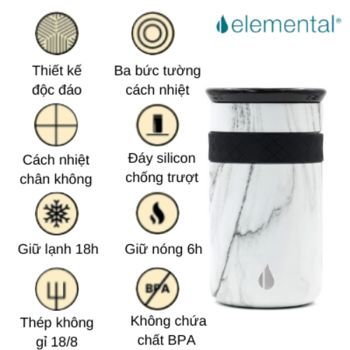 [ Hàng chính hãng – Thương hiệu Mỹ] Ly giữ nhiệt Artisan Elemental 360ml màu vân đá, giữ nhiệt vượt trội, inox 304, FDA Hoa Kì, nắp sứ sang trọng