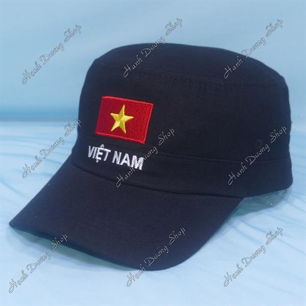 Nón lính mũ lưỡi trai đầu bằng thêu chữ Việt Nam phía sau khóa dán - Đen