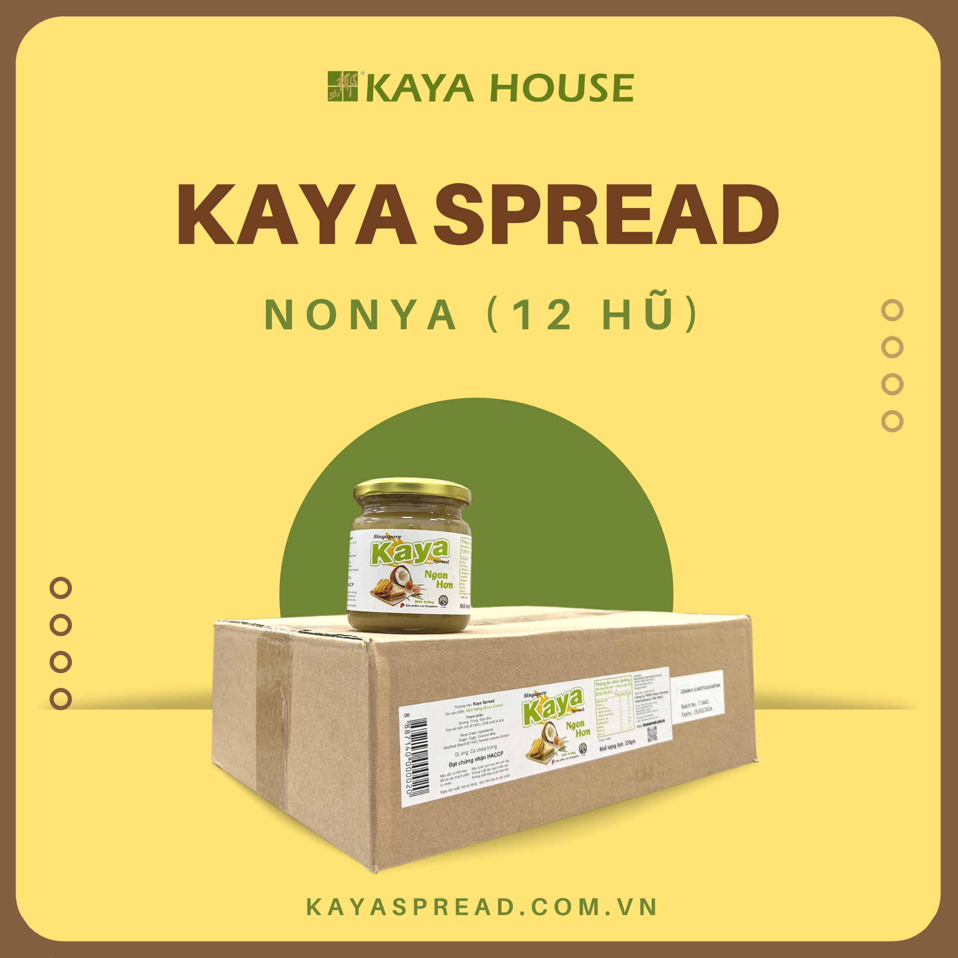 Thùng 12 hũ Mứt Kaya Singapore Nonya 225G - Kaya Spread - Ăn kèm với Sandwich, làm nguyên liệu nấu ăn