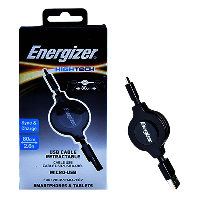 Cáp Rút Micro USB Energizer (80cm) - Đen - Hàng Chính Hãng