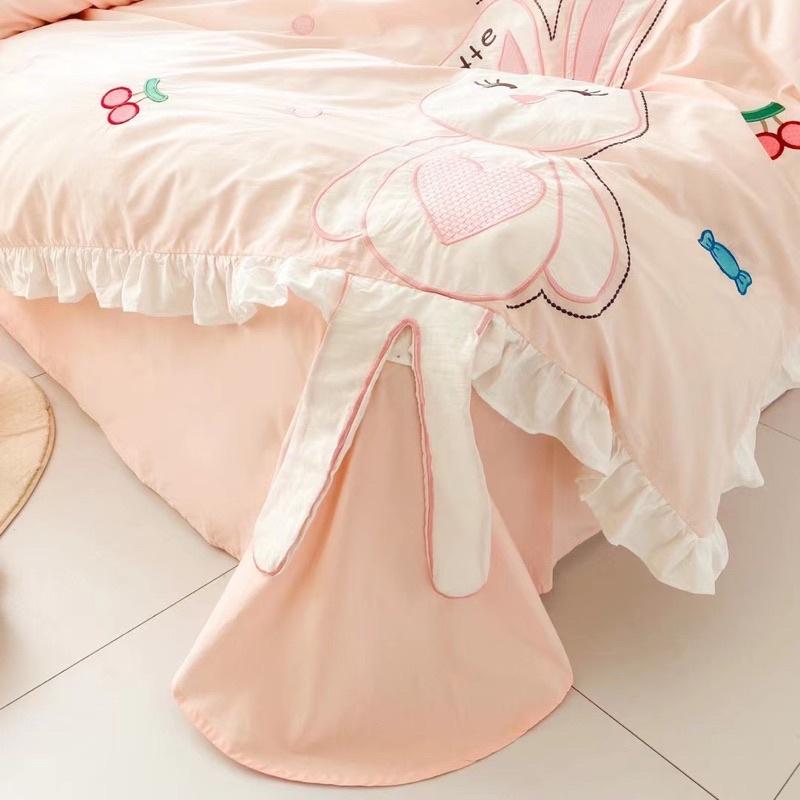 Bộ Chăn Ga Gối Cotton Linen Disney Hàng Nhập Khẩu Cao Cấp 5 Món Thỏ Hồng