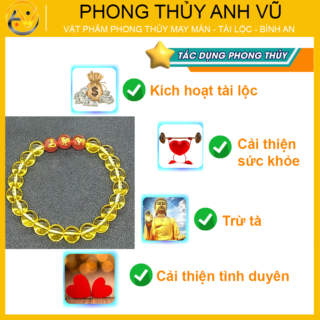 Vòng thạch anh vàng tam hợp tỵ dậu sửu đã khai quang - size 8 10ly - may mắn tài lộc - Vòng Tam Hợp Anh Vũ