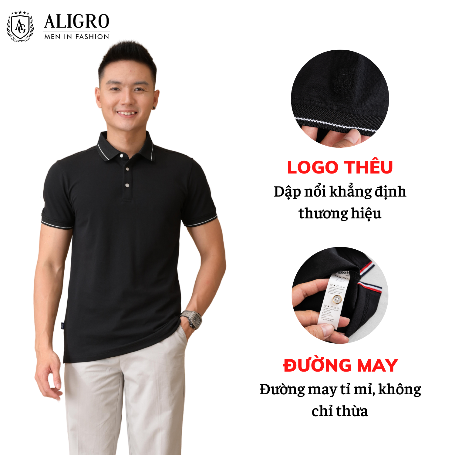Áo plo nam ngắn tay ALIGRO màu đen cổ phối chất liệu cao cấp, thoáng mát, thấm hút mồ hôi ALGPLO74