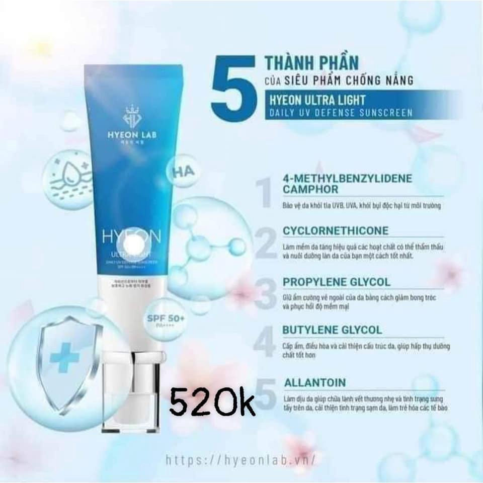 Hyeon Ultra Light Daily UV Defense Sunscreen|Kem Chống Nắng Hyeon Lab|Chỉ số SPF 50+ chống nắng mạnh mẽ, thẩm thấu nhanh