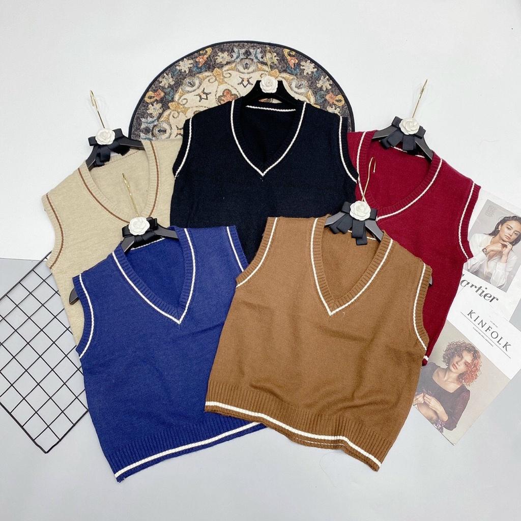 Áo gile len trơn viền phối nhiều kiểu vintage
