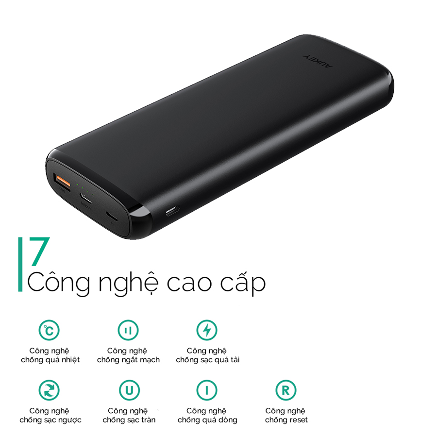 Pin Sạc Dự Phòng 20000mAh AUKEY PB-Y23 1 Cổng Sạc Nhanh QC 3.0, 1 Cổng Type C Power Delivery 18W, Hỗ Trợ Sạc Vào Bằng Cổng Lighting - Hàng Chính Hãng