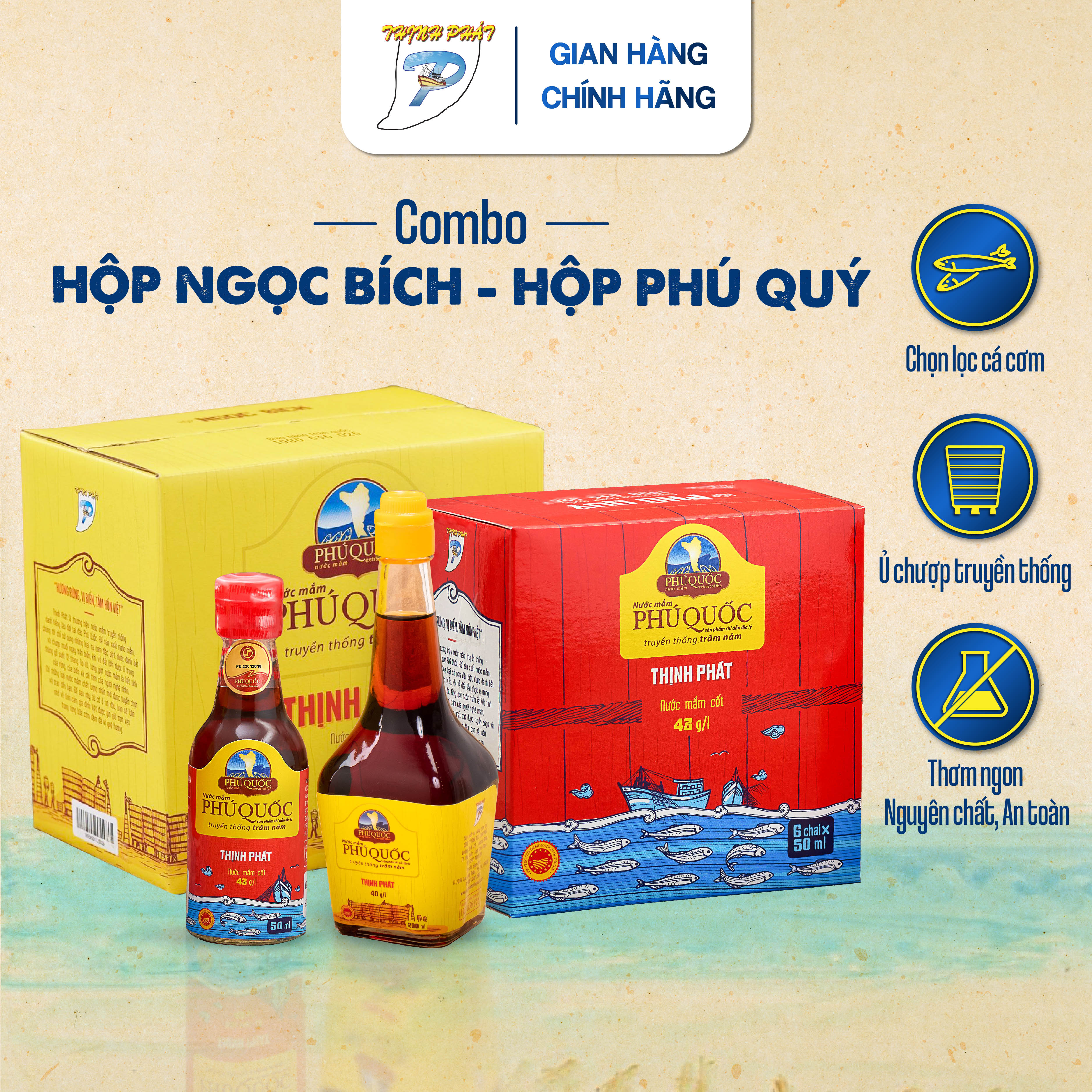 2 Combo hộp 6 chai Ngọc Bích 200ml 40 độ và hộp 6 chai Phú Quý 50ml 43 độ nước mắm truyền thống Phú Quốc Thịnh Phát