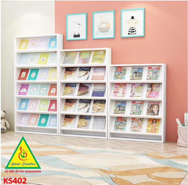 Kệ sách gỗ MDF, Kệ đựng sách báo, Kệ sách ở trường KS402 - NỘI THẤT LẮP RÁP VIENDONGADV