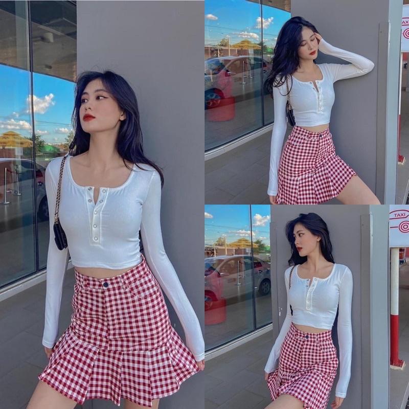 Áo Croptop Nút Bấm Tay Dài Thun Gân Xịn