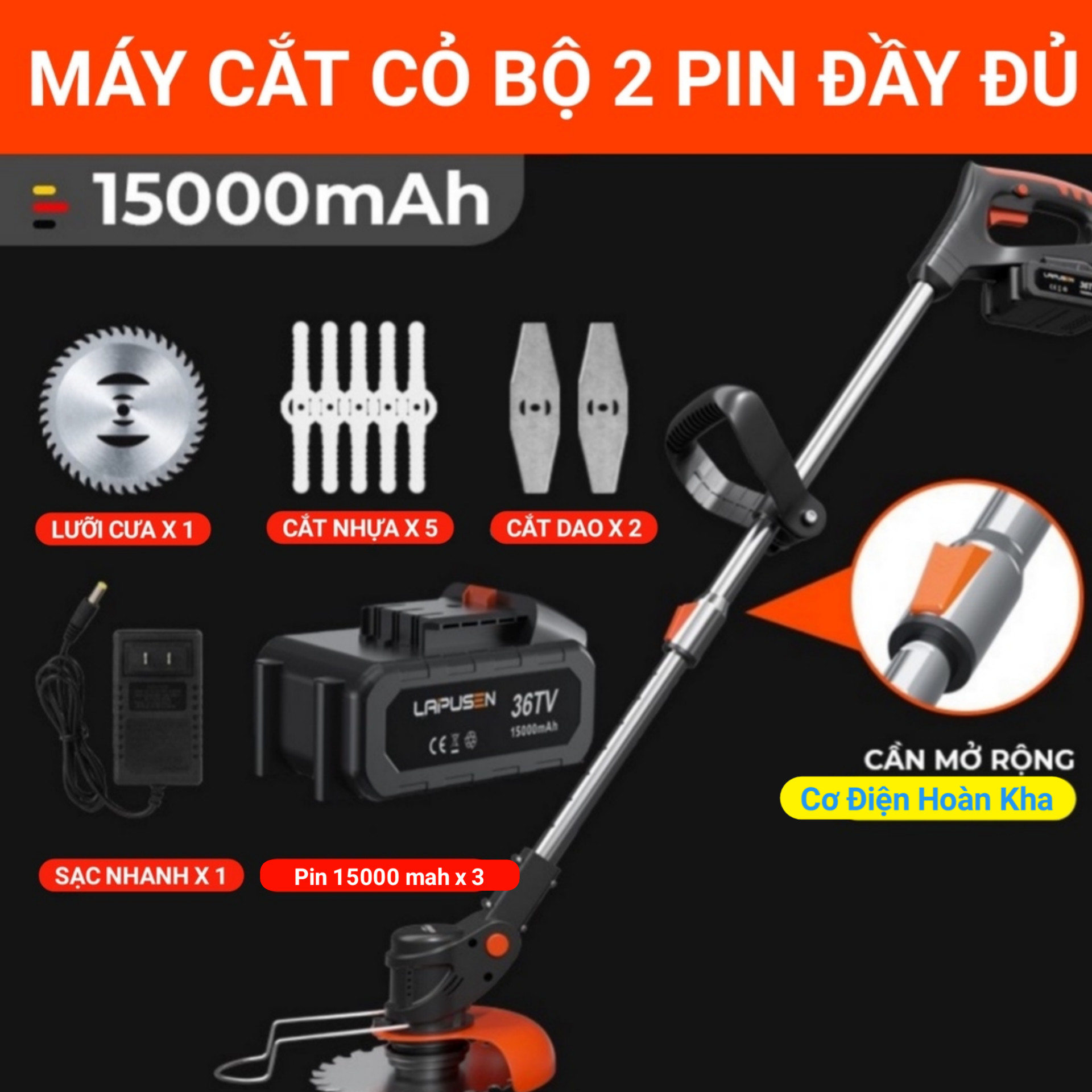 [Bát Đầu Bằng Gang] Máy cắt cỏ, tỉa cành cầm tay LAPUSEN pin khủng 15000mah, động cơ mạnh 1800w