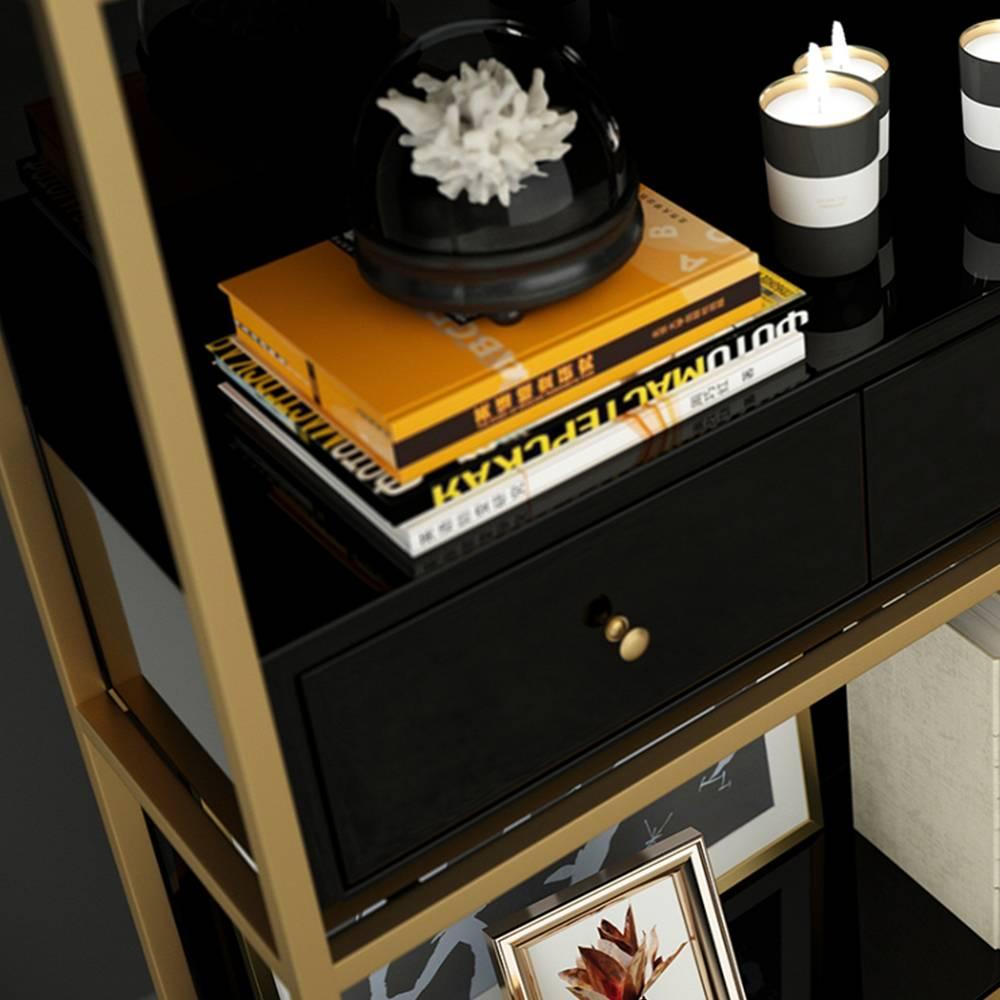 Kệ trưng bày trang trí 2 ngăn kéo đen IBIE AK020 mặt gỗ, khung sắt sơn tĩnh điện, tùy chọn kích thước, màu sắc